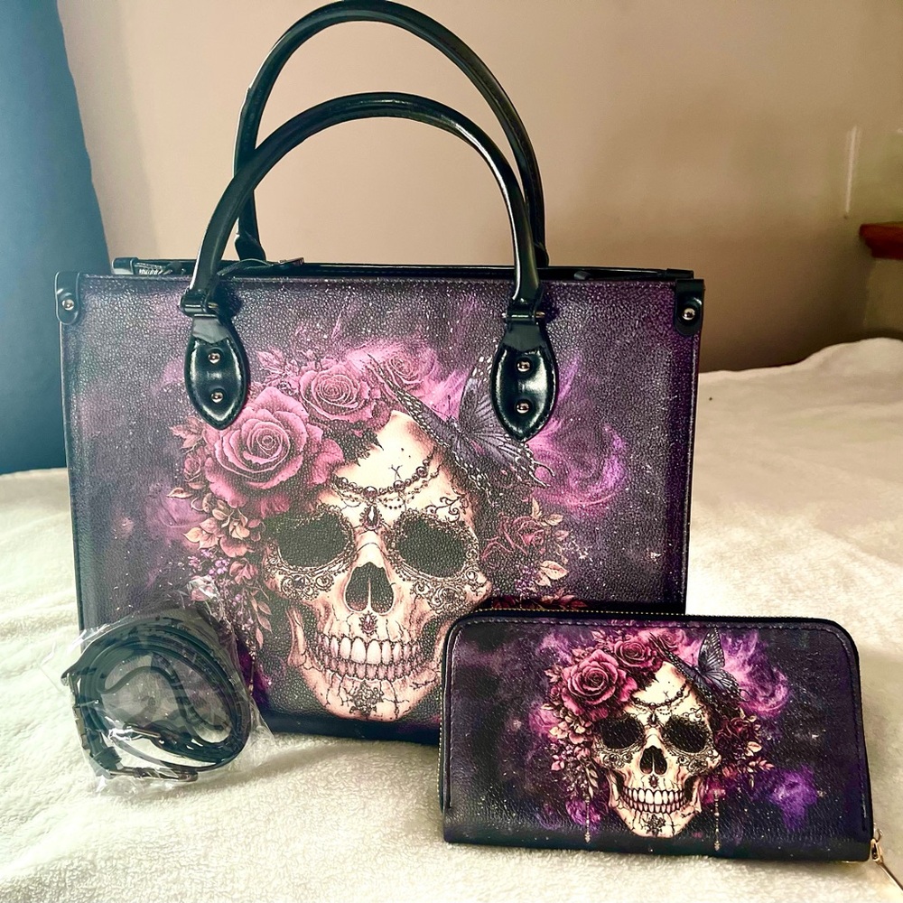 Floral Skull Tote Bag and Wallet combo. Black and Purple